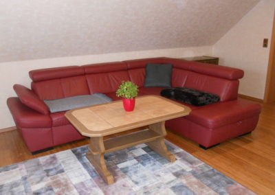 Couch im Wohnzimmer Ferienhaus 3, Ferienhäuser Vorwachs in Goyatz am Schwielochsee