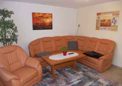 Couch im Wohnzimmer Ferienhaus 4, Ferienhäuser Vorwachs in Goyatz am Schwielochsee